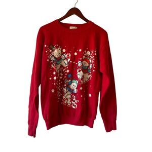 Vintage Red Christmas Skiing Bears Christmas Sweater Women's Medium‎